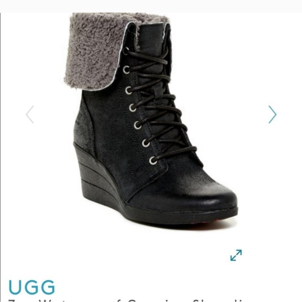 UGG Australia Zea Black Leather Waterproof Boots Wedge‎ Shearling Lace Up Size 7 - Picture 9 of 9